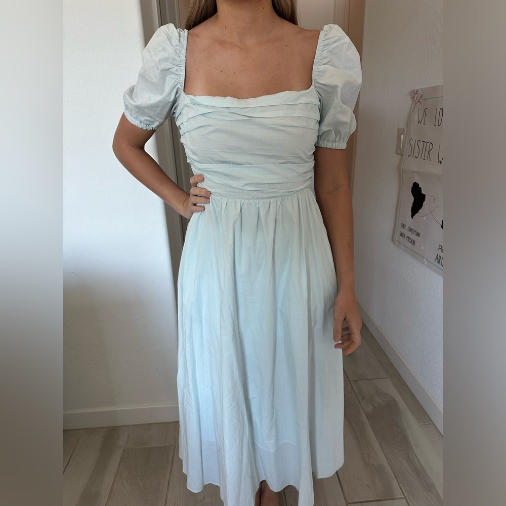 Chic Light Blue Puff Sleeve Midi Dress